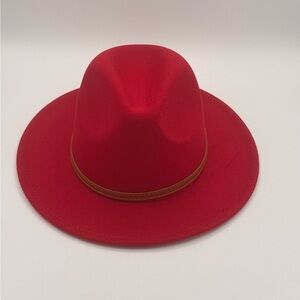 Classic Red Wool Fedora Hat – Bold Statement with Brown Faux Leather Band